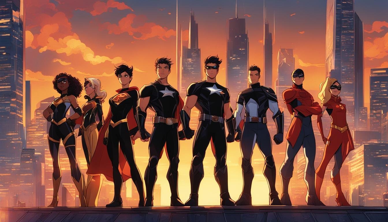 A group of young heroes, each with their own unique powers and abilities, stand confidently in front of a city skyline. The sun sets in the background, casting a warm glow on the scene. Some heroes are airborne, others are standing on rooftops.