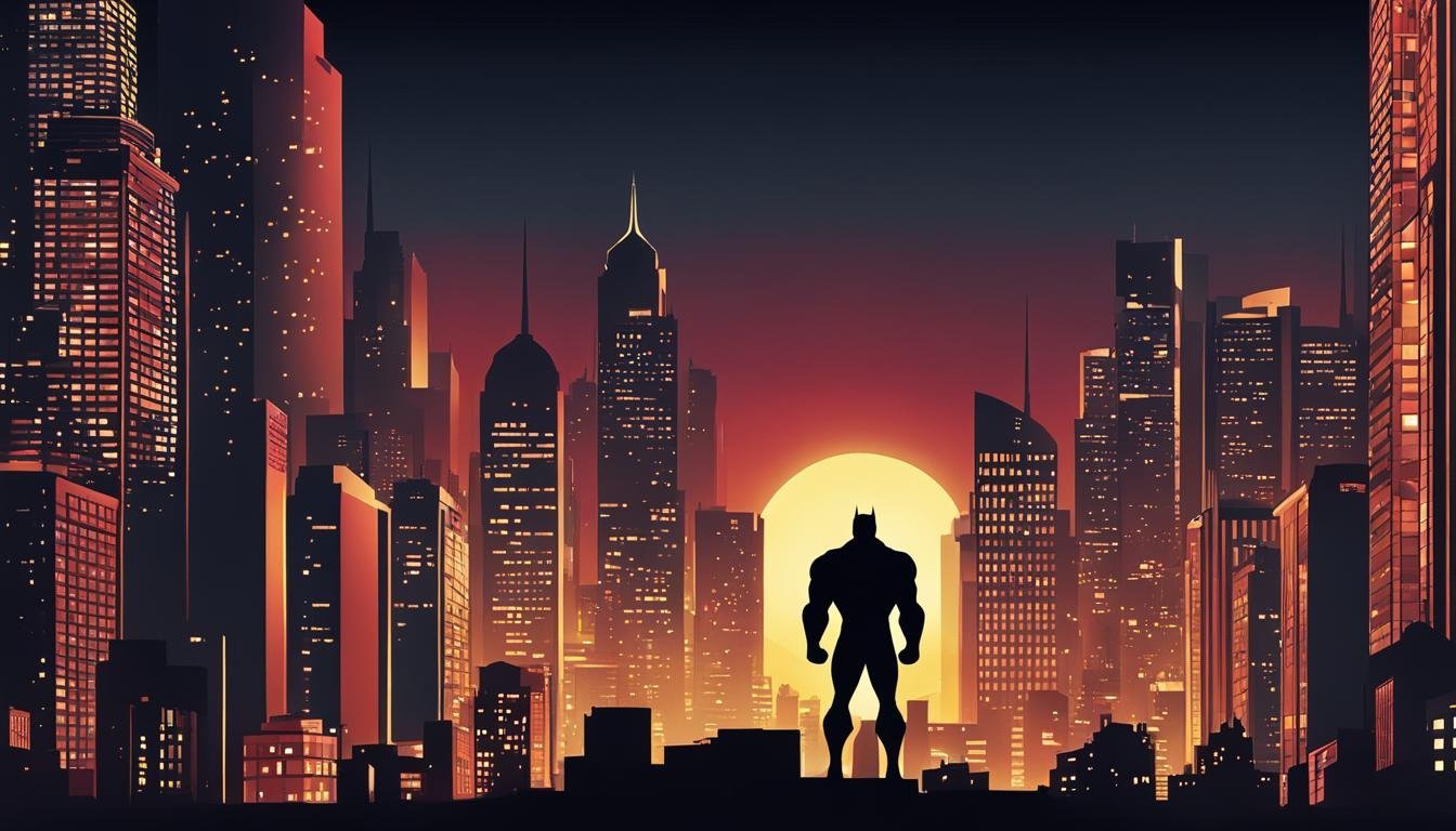 A city skyline at night, with the silhouette of a superhero in the foreground, symbolizing the influence of superheroes in pop culture.